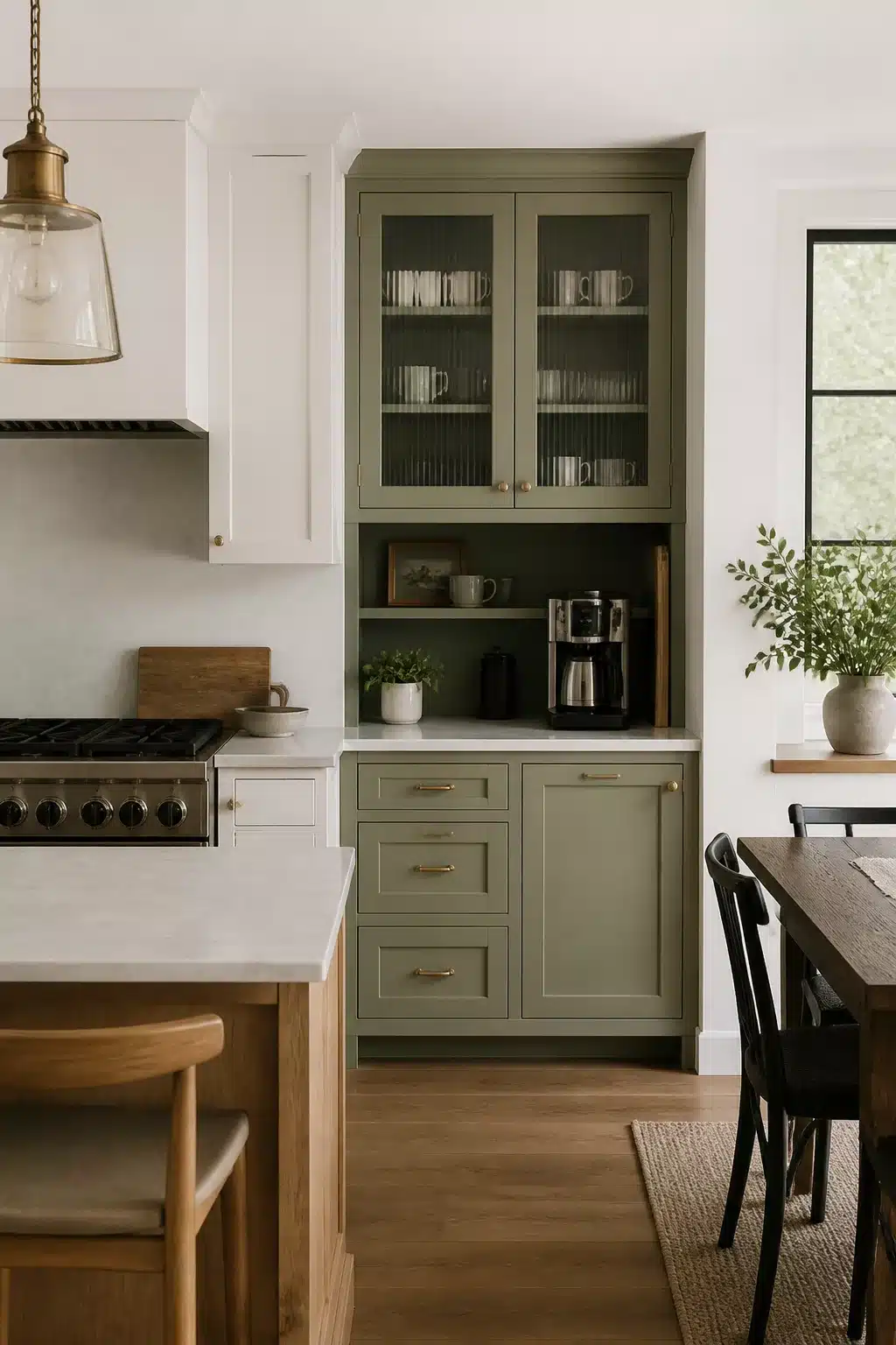 Sage green built in kitchen coffee bar with fluted glass upper cabinets and brass hardware