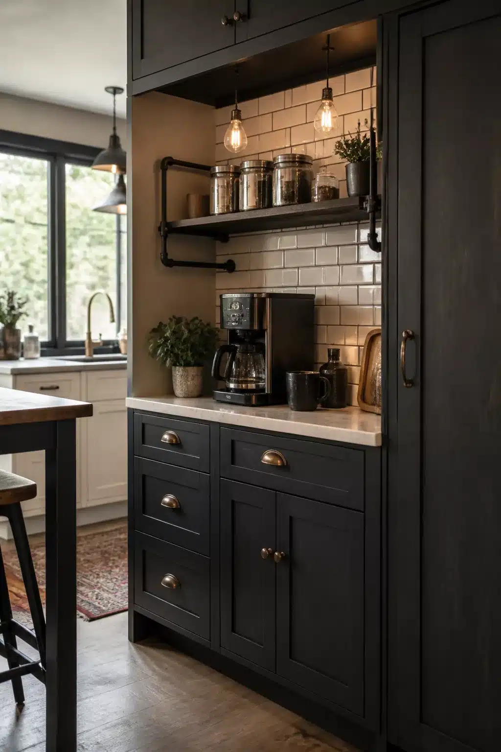 Built in kitchen coffee bar with dark shaker cabinets, industrial pipe shelving, Edison bulbs, and subway tile backsplash.