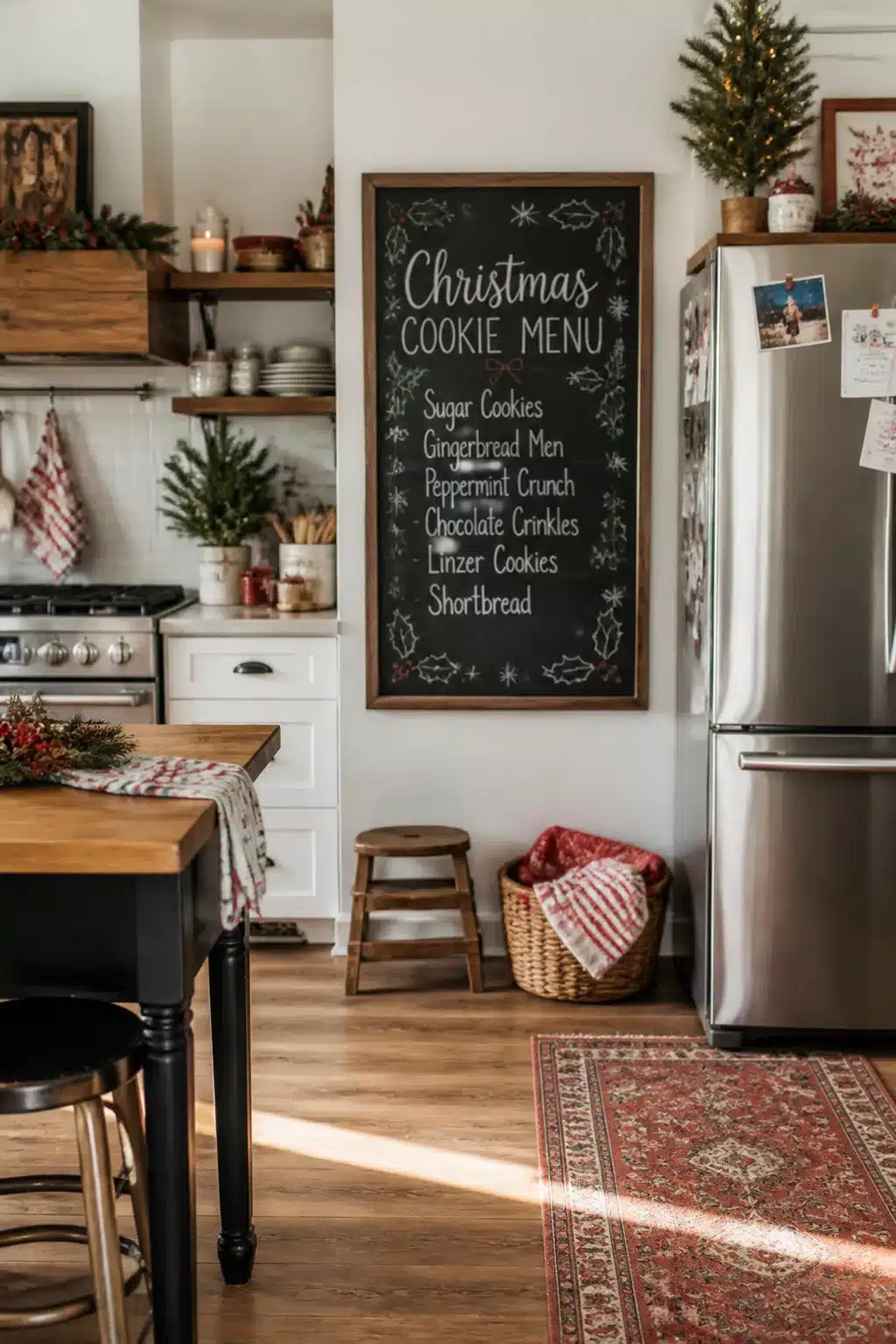 Christmas kitchen decor with a large framed chalkboard holiday cookie menu on a white wall