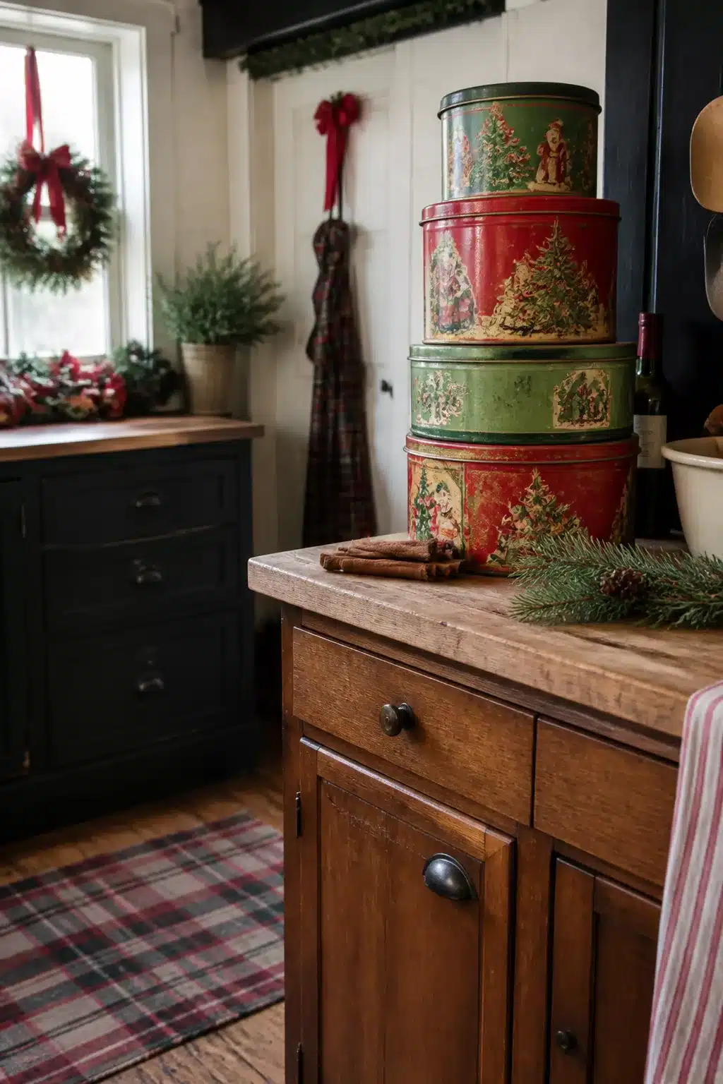 Stacked vintage Christmas tins on a wood cabinet in a cozy Christmas kitchen decor setting with pine and cinnamon.