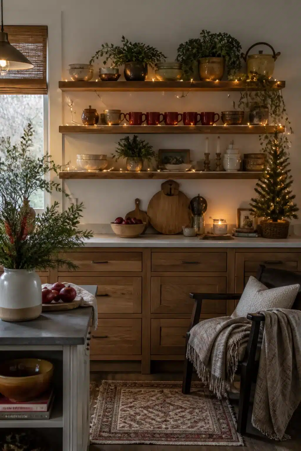 Christmas kitchen decor with fairy lights on warm wood open shelving, red mugs, greenery, and candlelight glow
