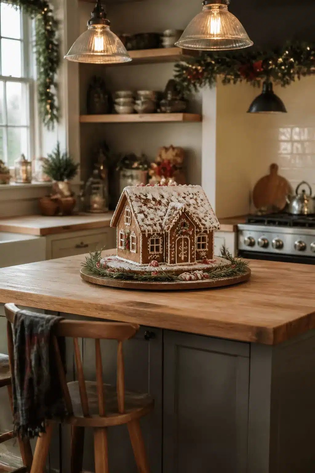 Iced gingerbread house centerpiece on a butcher block kitchen island — Christmas kitchen decor idea