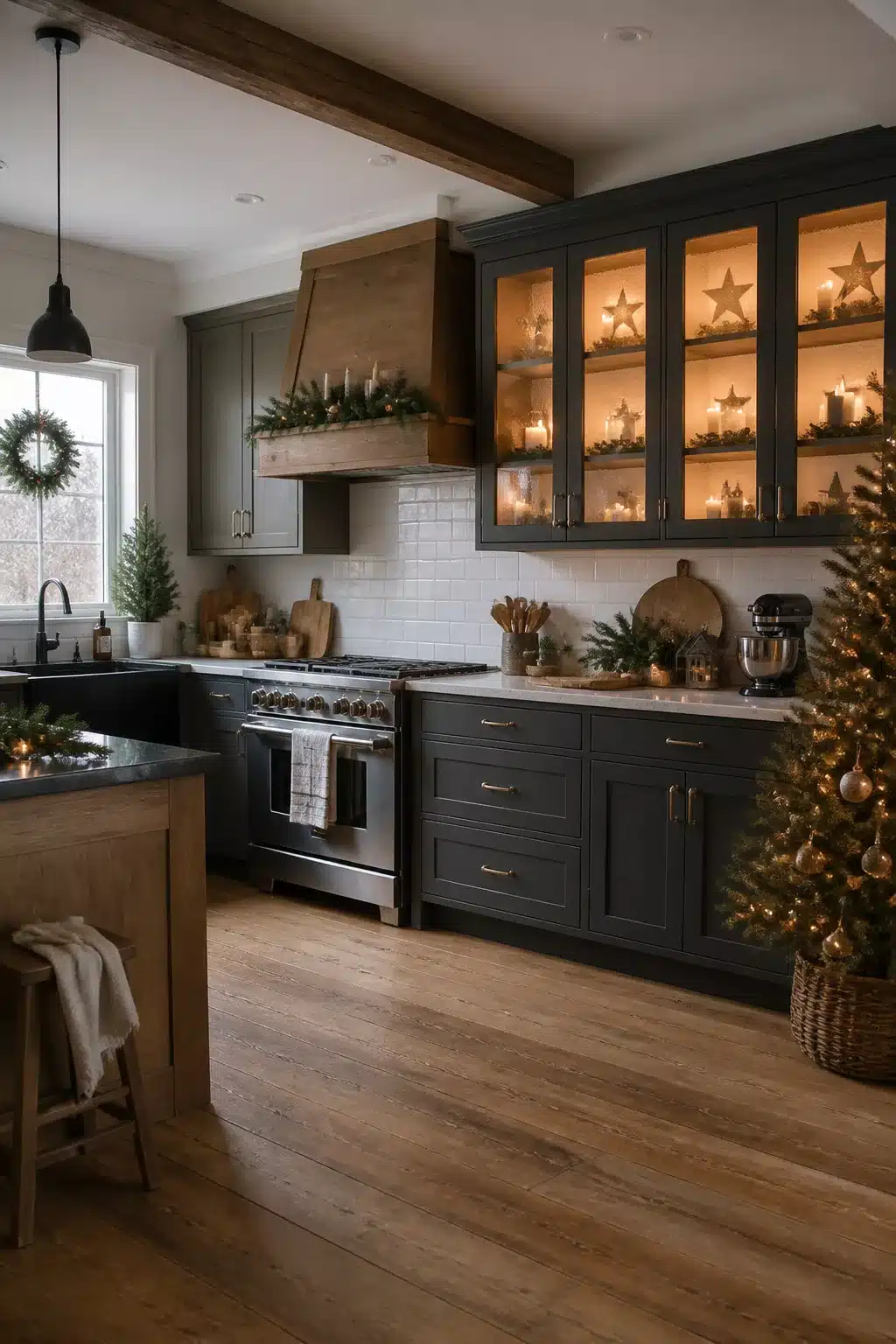 Christmas kitchen decor with lit glass cabinets, star ornaments, candles, and a rustic wood range hood