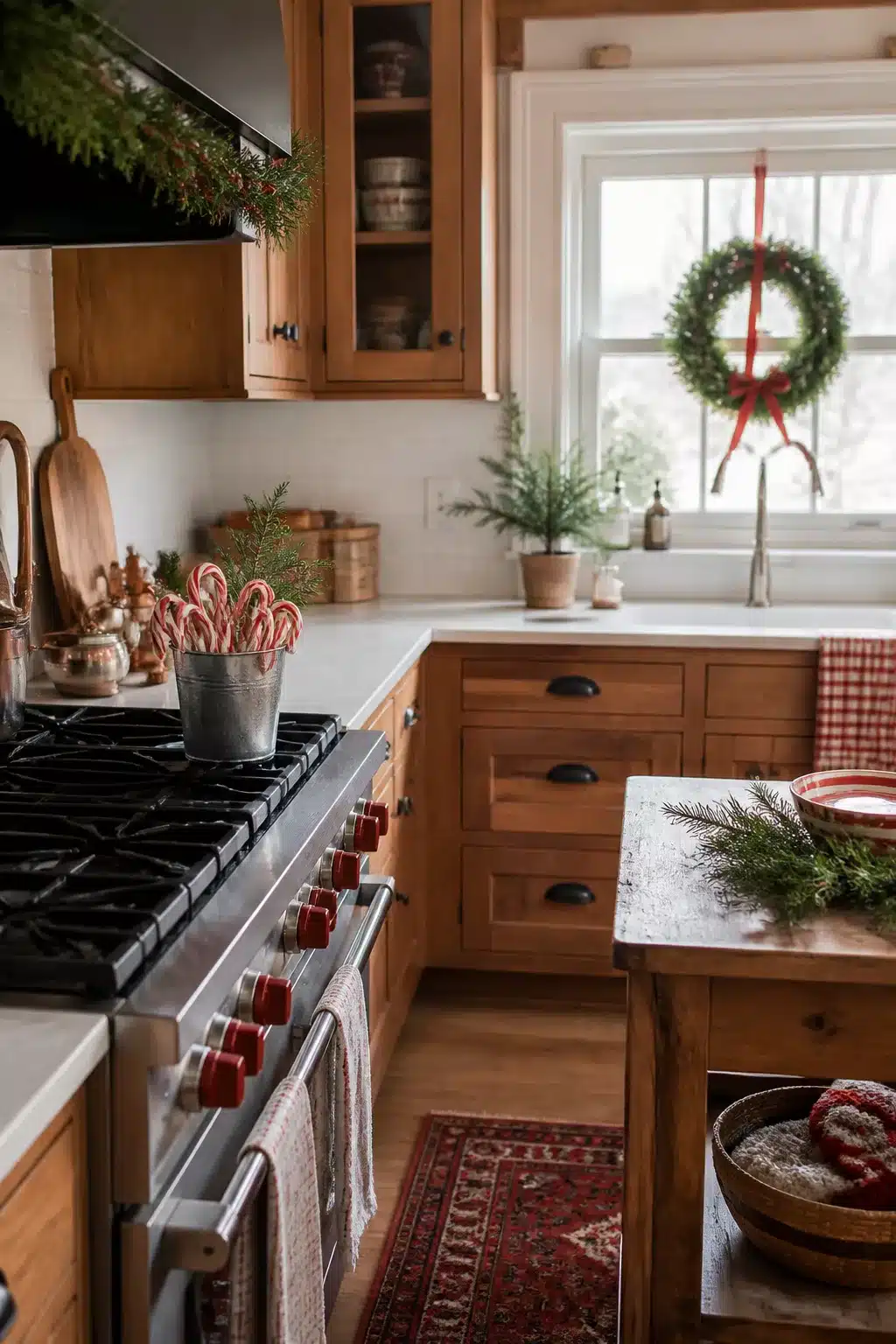 Galvanized bucket of candy canes on a gas range in a wood cabinet Christmas kitchen decor