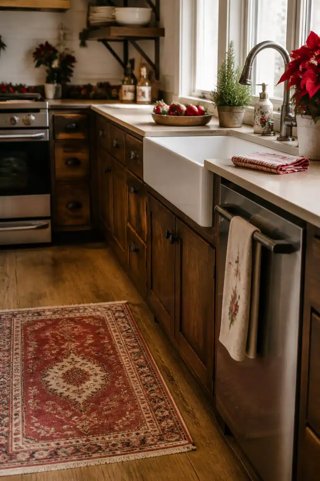 Farmhouse kitchen sink Christmas decor with poinsettia, soap dispenser, and red check towel — Christmas Kitchen Decor
