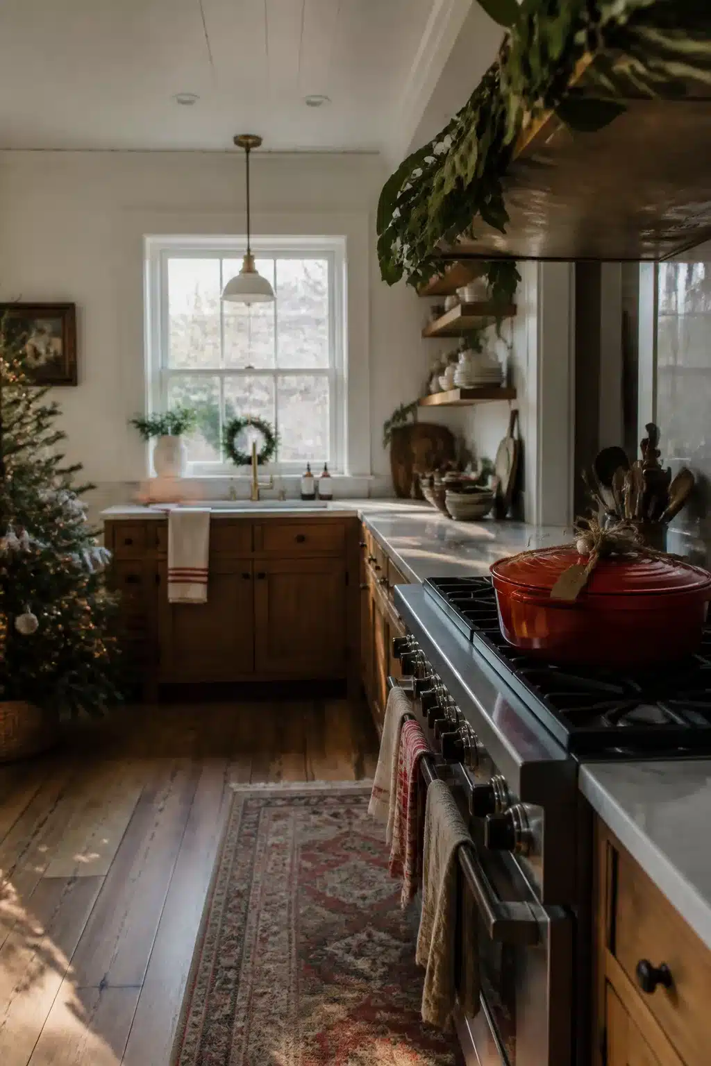 Cherry-red Dutch oven on a pro gas range — Christmas kitchen decor with open shelving and Persian rug