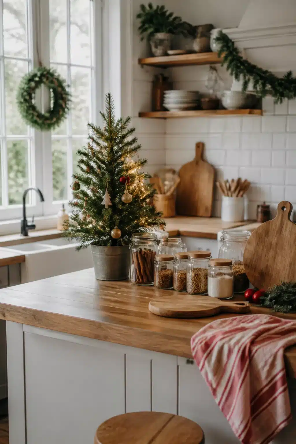 Miniature lit Christmas tree on a wood kitchen counter — cozy Christmas kitchen decor idea with spice jars