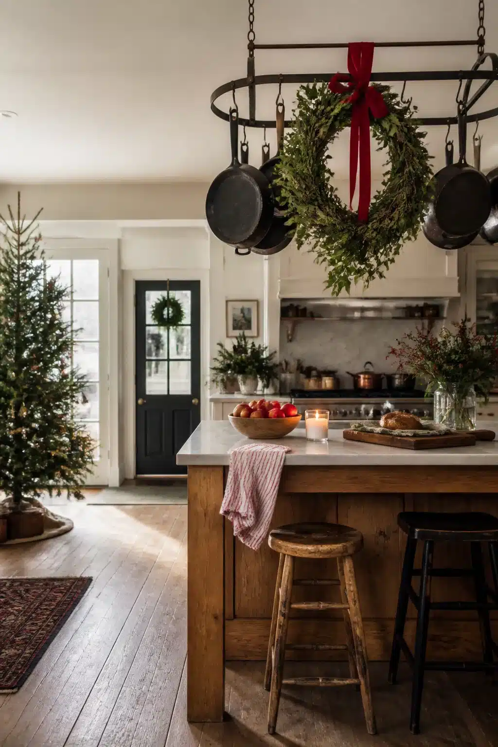 Christmas kitchen decor with boxwood wreath on iron pot rack, cast iron pans, wood island, and decorated pine tree