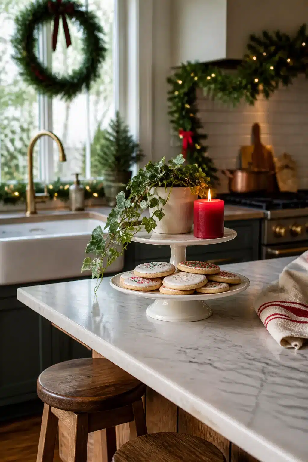 White tiered cake stand with iced cookies and red candle as Christmas kitchen decor on a marble island