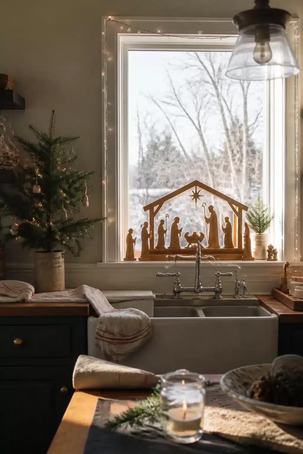 Wooden nativity silhouette on window ledge above farmhouse sink — Christmas kitchen decor with fairy lights and evergreen