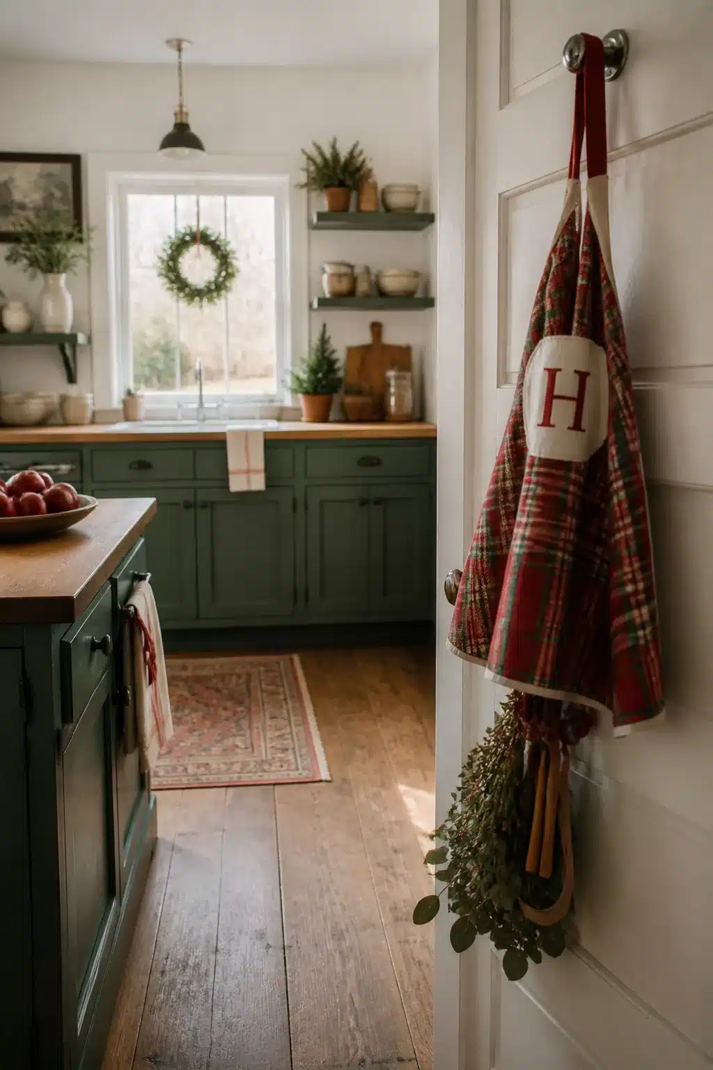 Plaid monogrammed apron on door hook in a green farmhouse Christmas kitchen decor with wreath and butcher block
