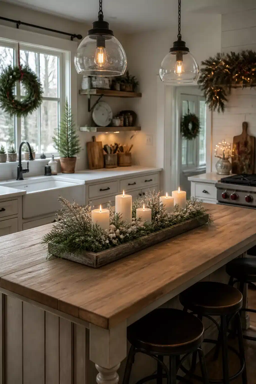Frosted greenery & white pillar candles in a wood tray — Christmas kitchen decor on a butcher block island
