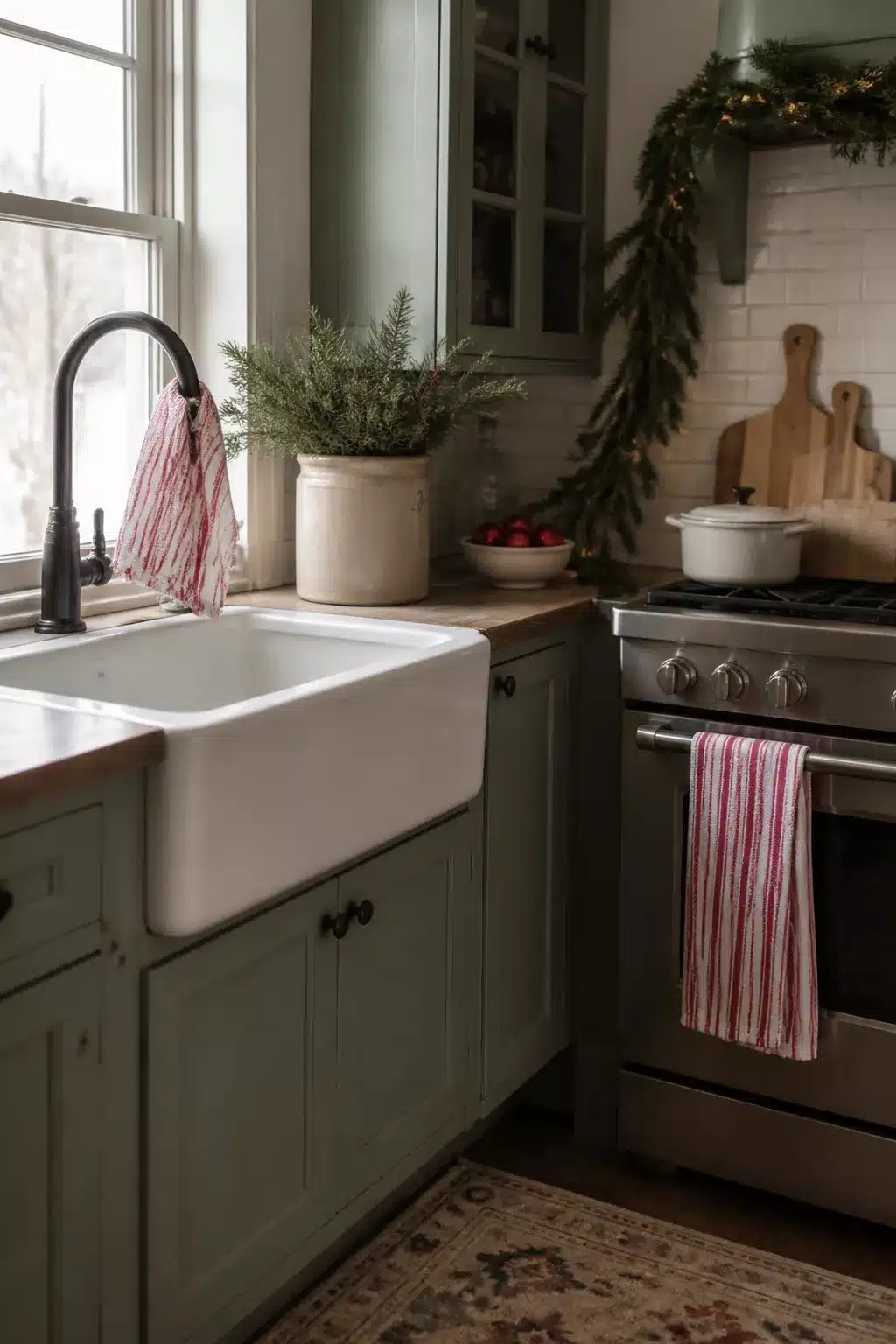 Red and white striped dish towels on a farmhouse sink and stove in a Christmas kitchen decor setting