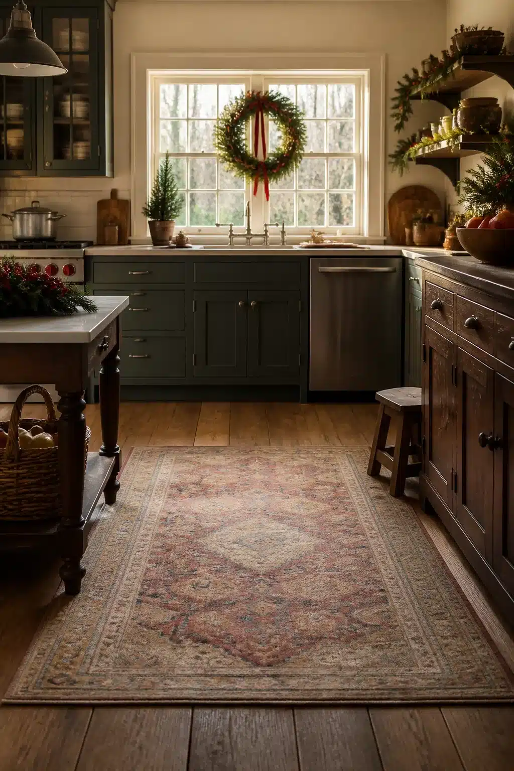 Christmas kitchen decor with a red ribbon wreath hung inside a window above a farmhouse sink with dark green cabinets.