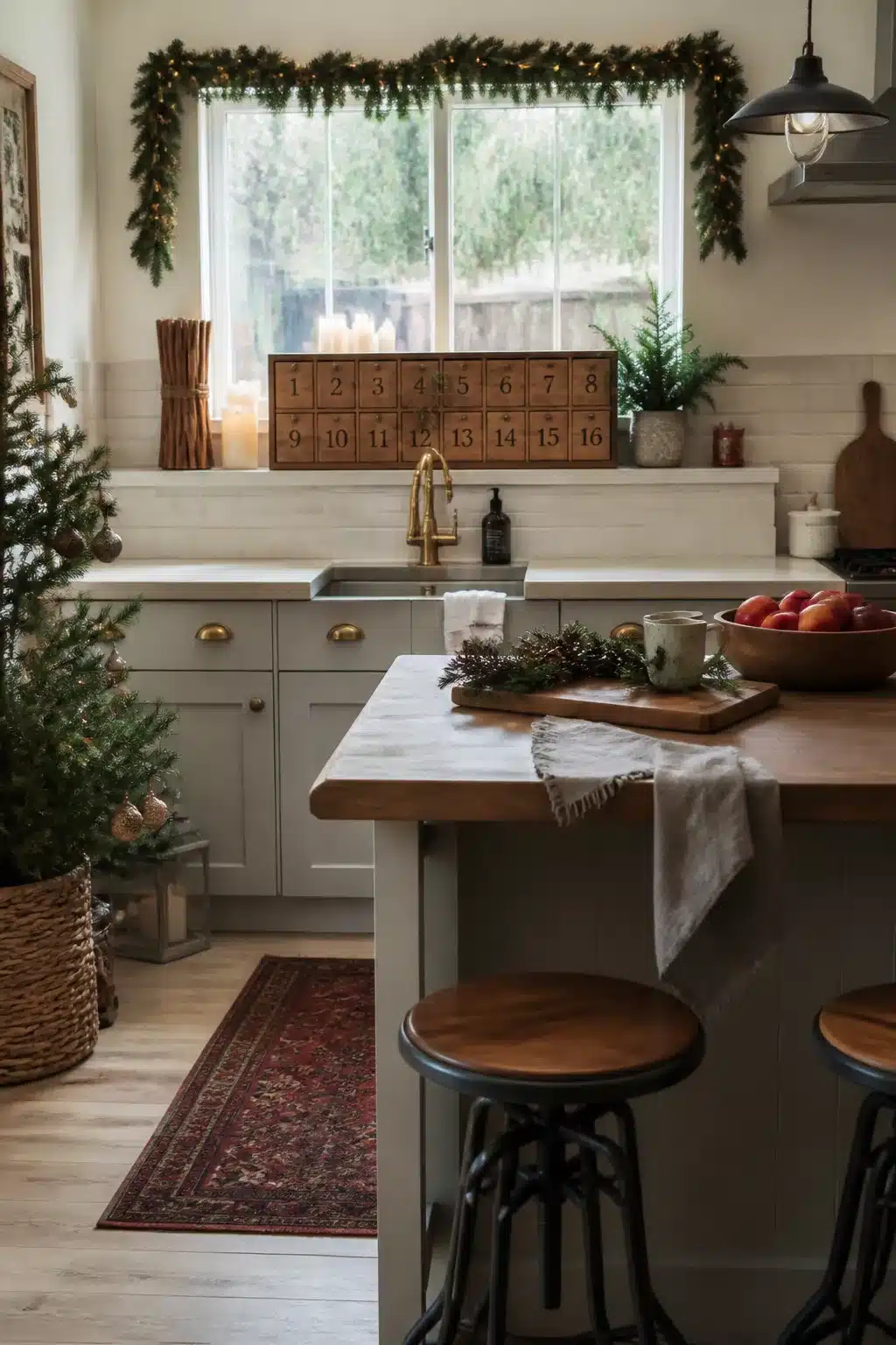 Wooden advent calendar on marble backsplash ledge in a Christmas kitchen with sage cabinets and lit garland
