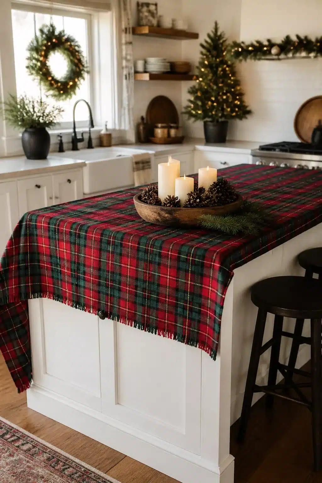 Red and green tartan plaid runner on a white kitchen island — cozy Christmas kitchen decor with candles and pinecones