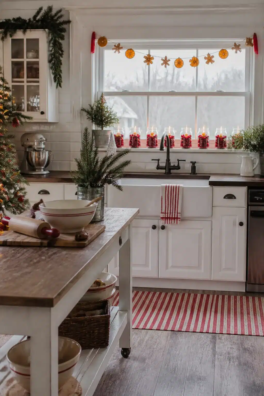 Mason jar lanterns filled with cranberries and candles on a farmhouse kitchen windowsill — Christmas kitchen decor idea.