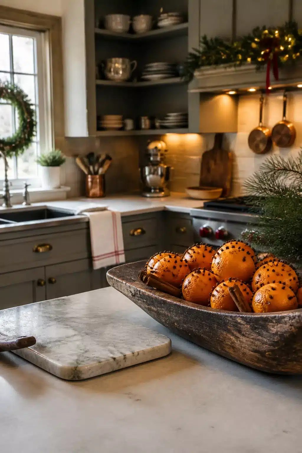 Clove-studded orange pomanders in a rustic dough bowl — Christmas kitchen decor with gray cabinets and pine sprigs