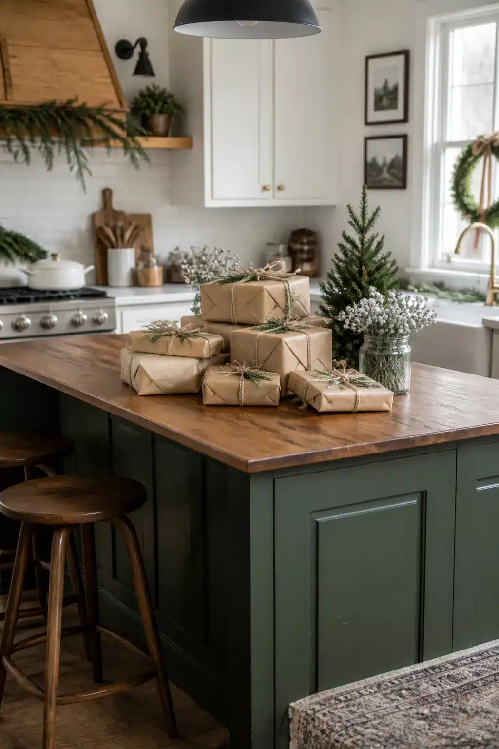 Christmas kitchen island decor with kraft paper gifts, twine, and greenery on a dark green butcher-block island