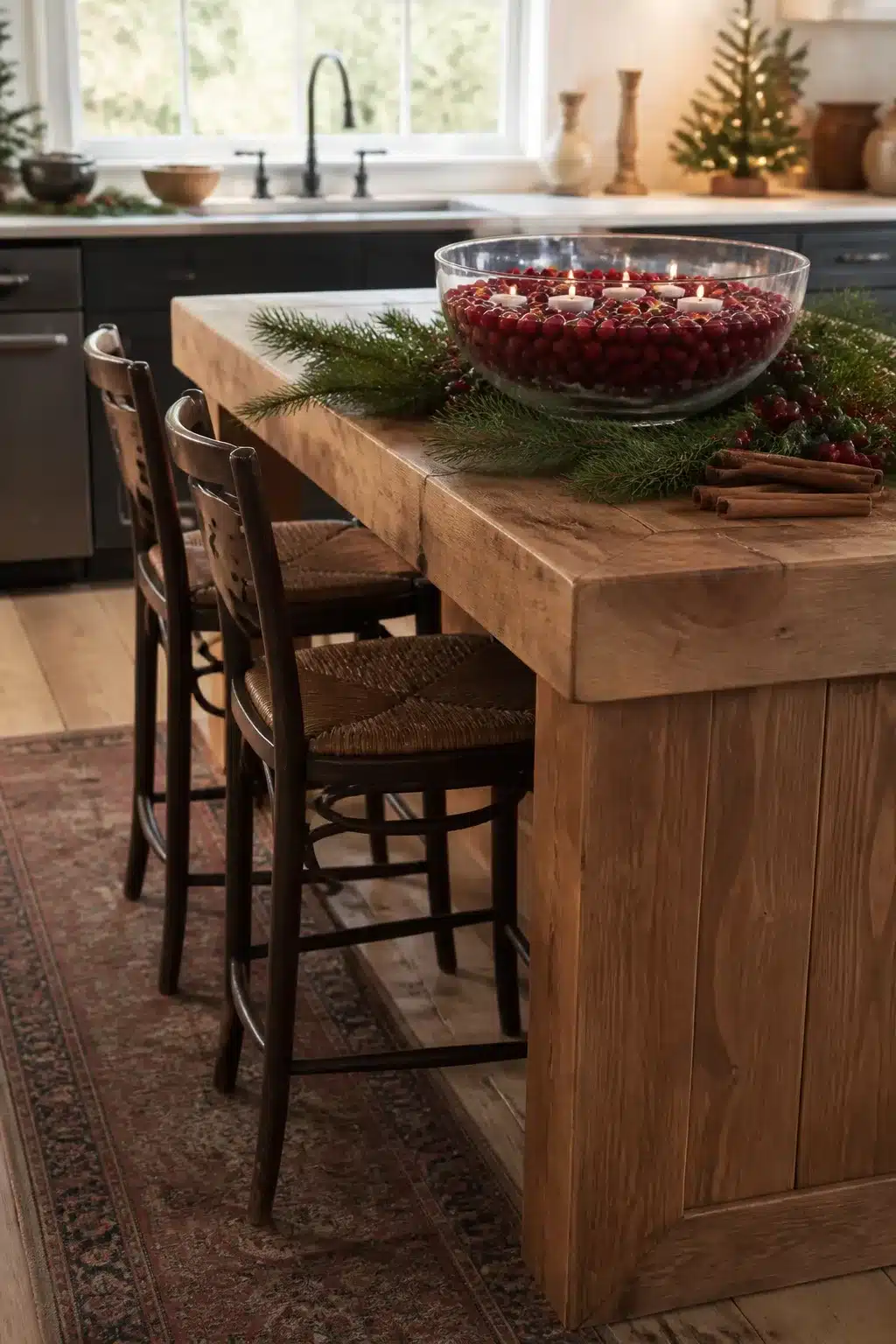 Christmas kitchen island decor with floating cranberry candle bowl, pine boughs, and cinnamon sticks on reclaimed wood.