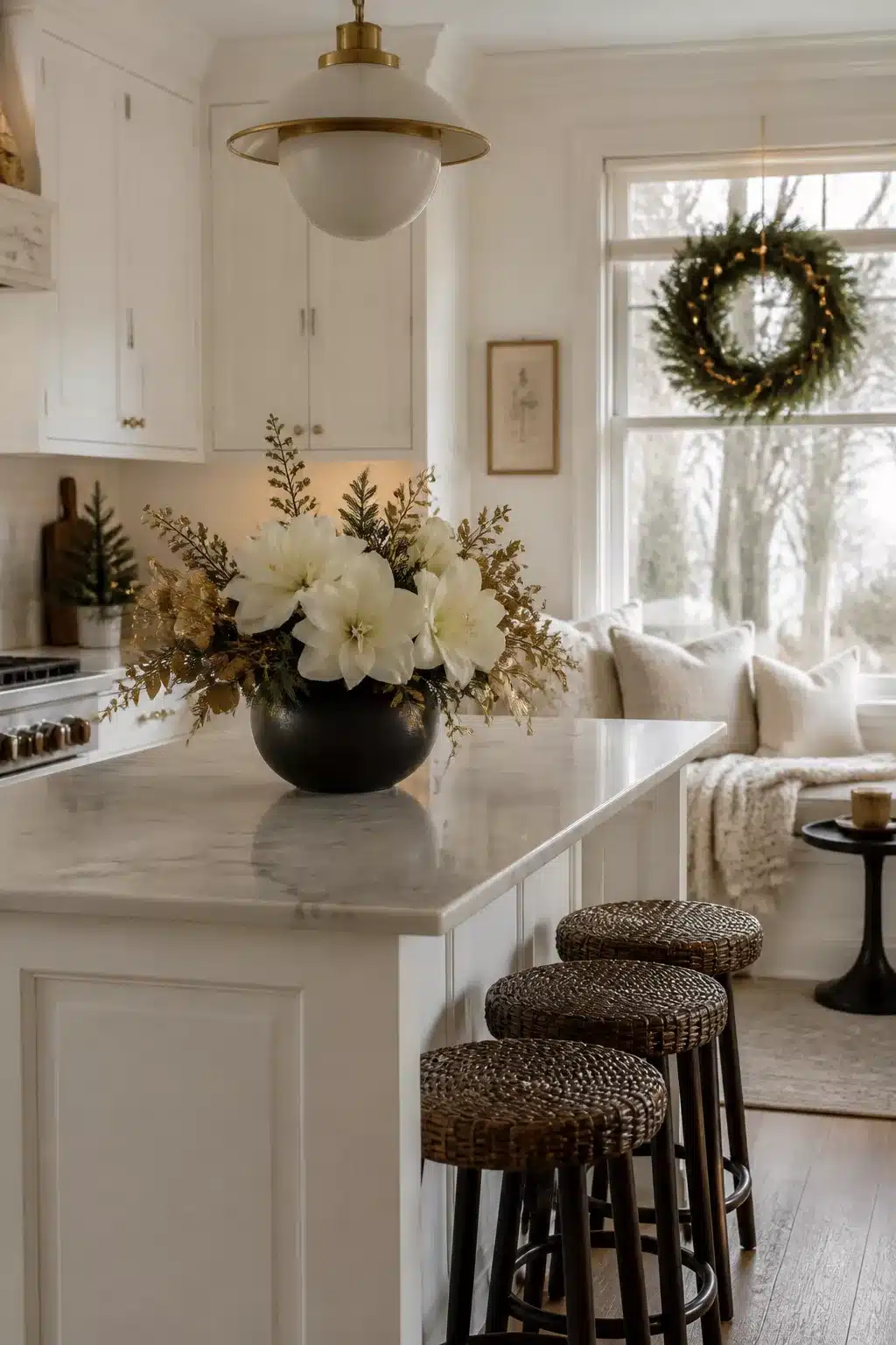 Christmas kitchen island decor with white dahlias, gold foliage in a black bowl, marble countertop, and brass pendant light.