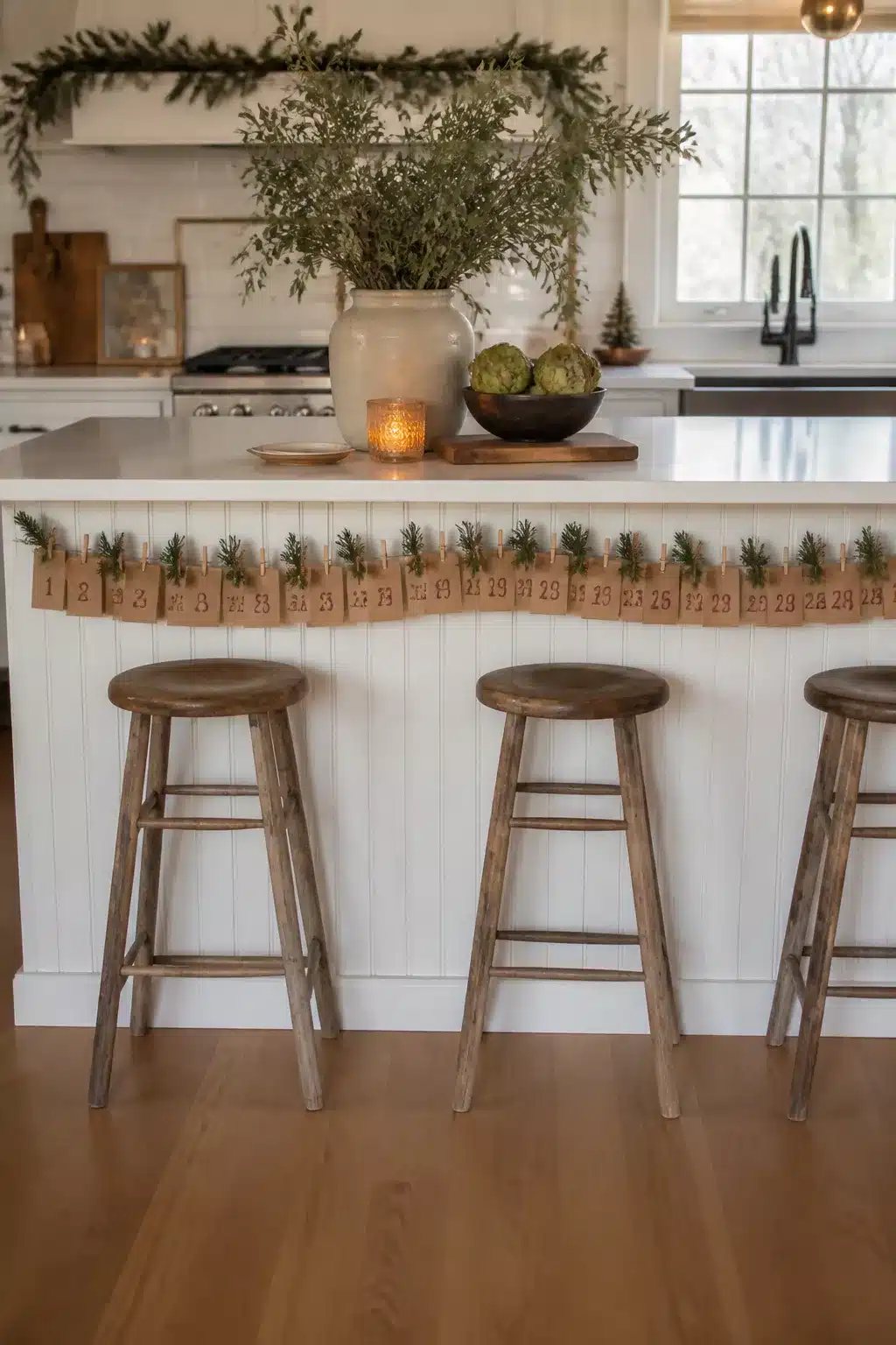 Kraft bag advent calendar garland on white beadboard kitchen island — Christmas kitchen island decor with evergreen sprigs