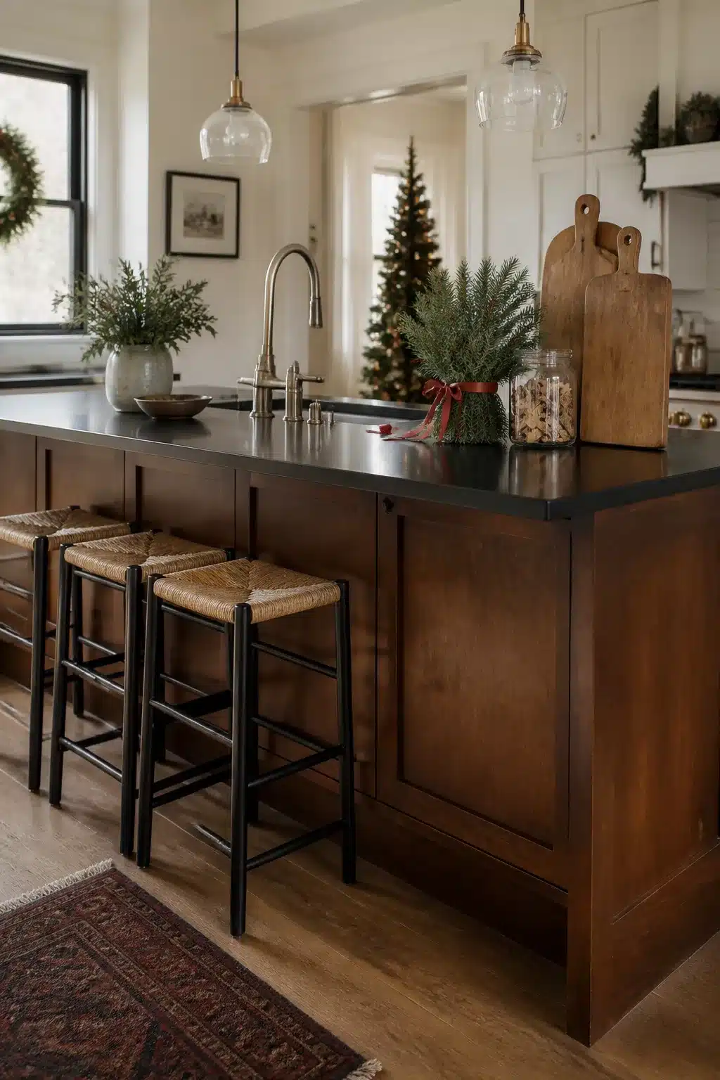 Christmas kitchen island decor with rustic wooden cutting board, pine sprigs, and red ribbon on a dark walnut island.