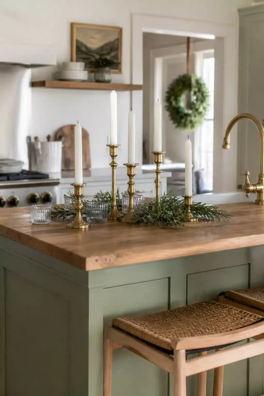 Brass candlesticks with fresh greenery on a sage green kitchen island — Christmas kitchen island decor idea