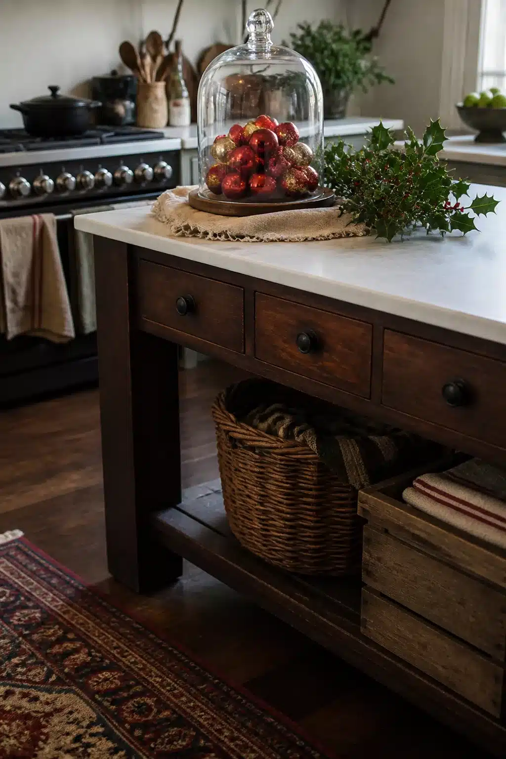 Glass cloche filled with red ornaments on a dark wood kitchen island — Christmas kitchen island decor idea.
