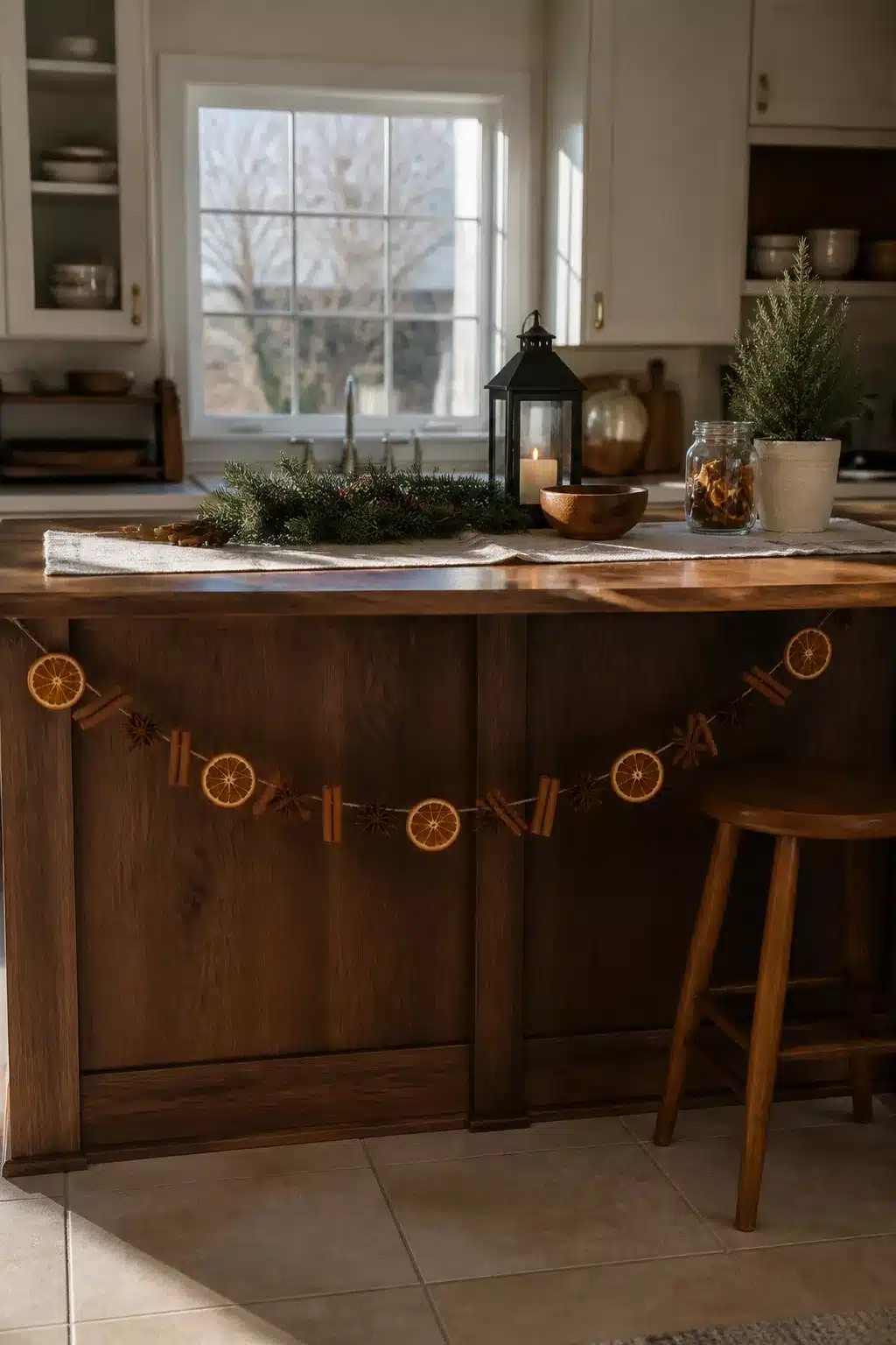 Dried citrus and cinnamon stick garland Christmas kitchen island decor with lantern and pine greenery
