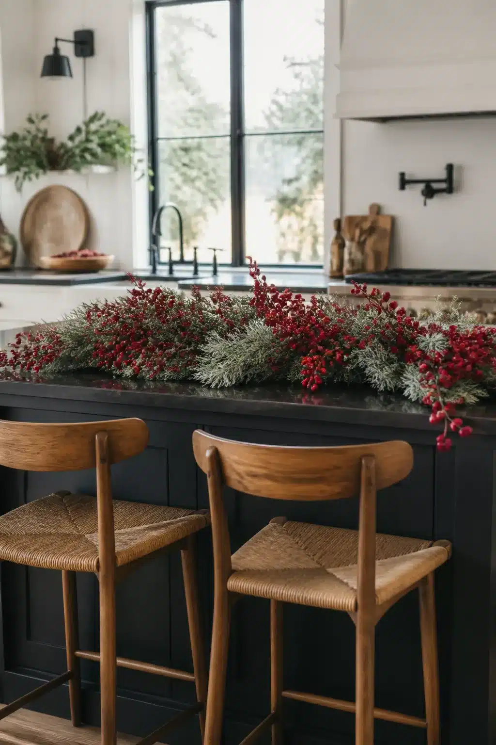 Christmas kitchen island decor with red berry and cedar garland on dark stone countertop with navy cabinets