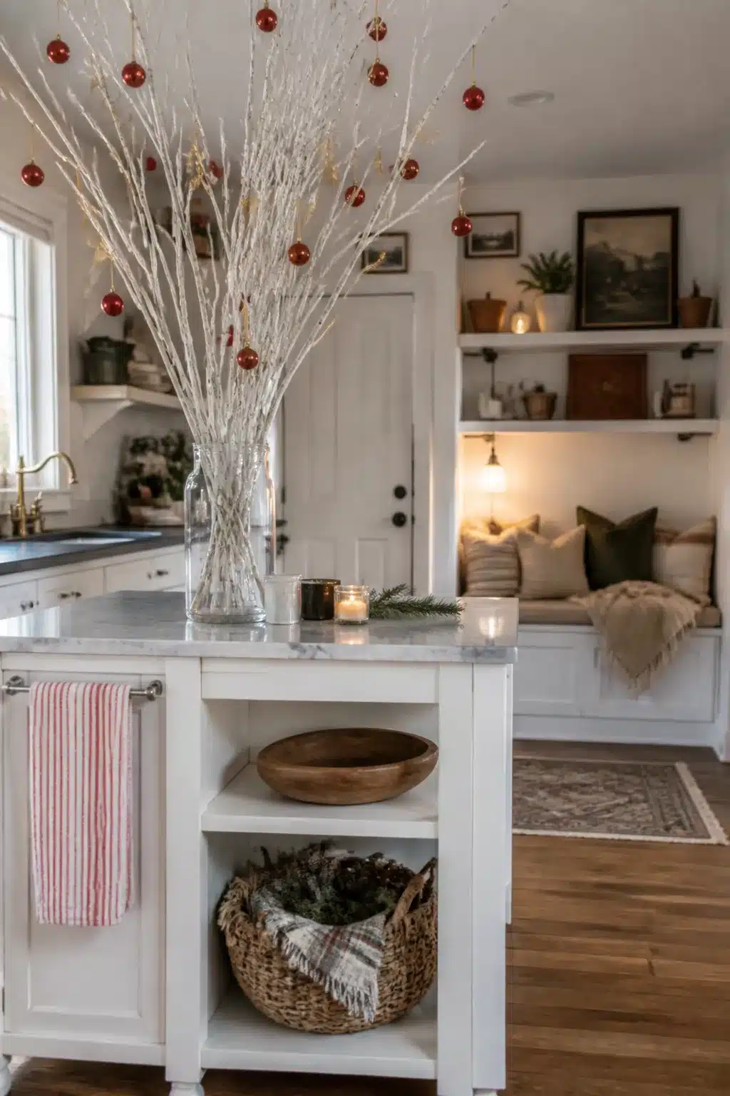 Christmas kitchen island decor with tall white birch branches and red ornament baubles in a glass vase