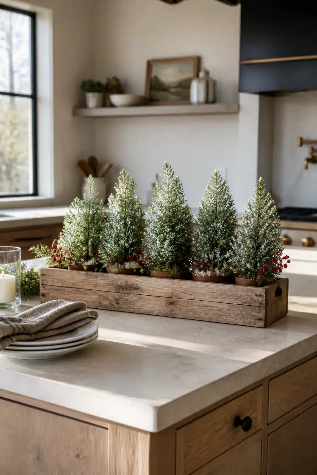 Frosted bottle brush trees in a wood trough box — Christmas kitchen island decor with red berry accents