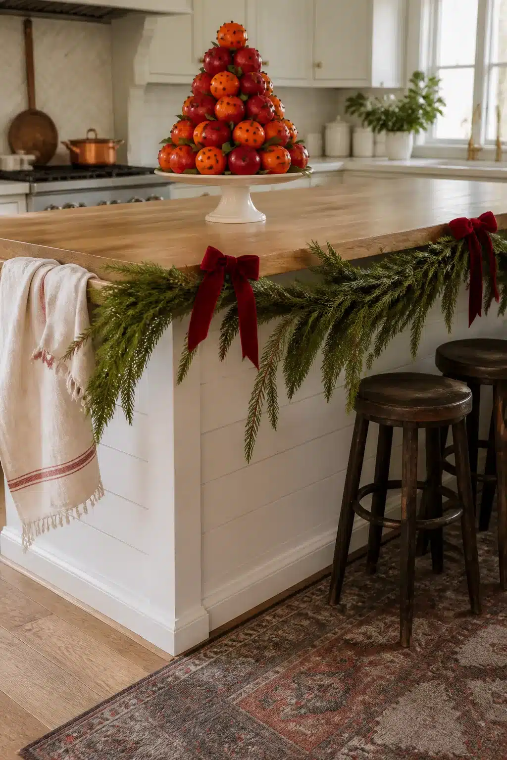 Christmas kitchen island decor with orange pomander tower, cedar garland, and red velvet bows on white shiplap island