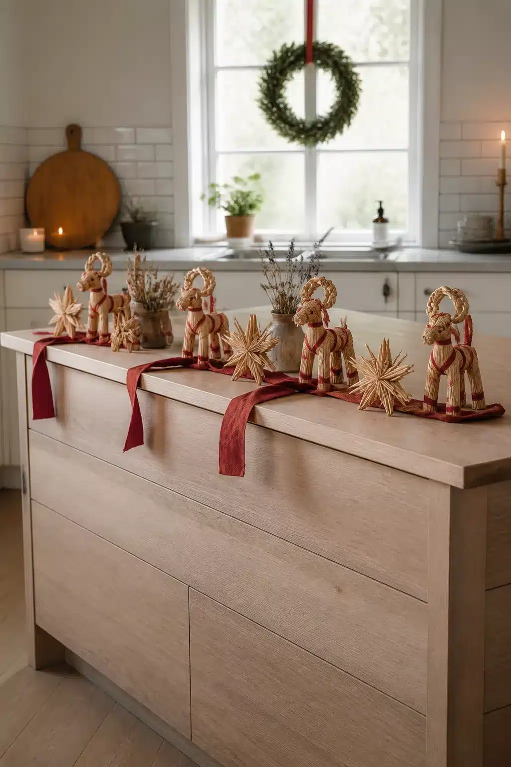 Scandi straw julbock figures and red ribbon runner Christmas kitchen island decor on pale oak island