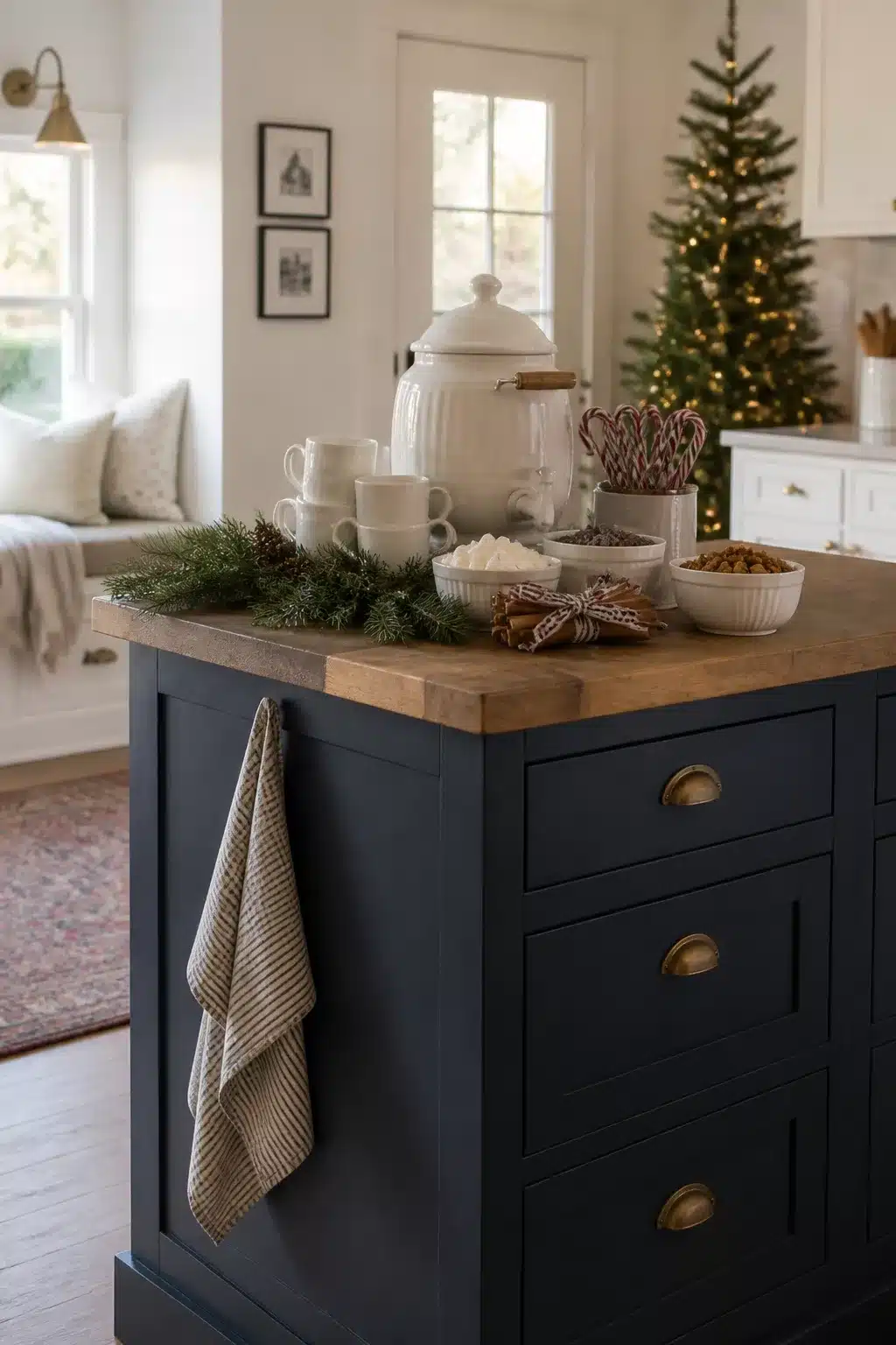 Hot cocoa station Christmas kitchen island decor with navy cabinets, butcher block top, candy canes, and white mugs