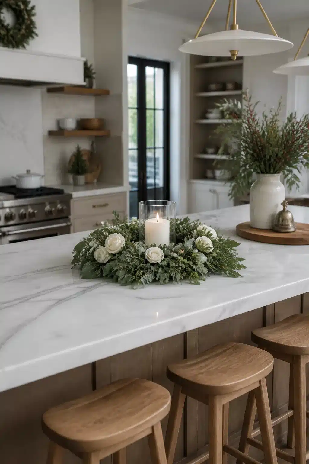 Christmas kitchen island decor with a floral wreath centerpiece, white roses, greenery, and a glass hurricane candle.