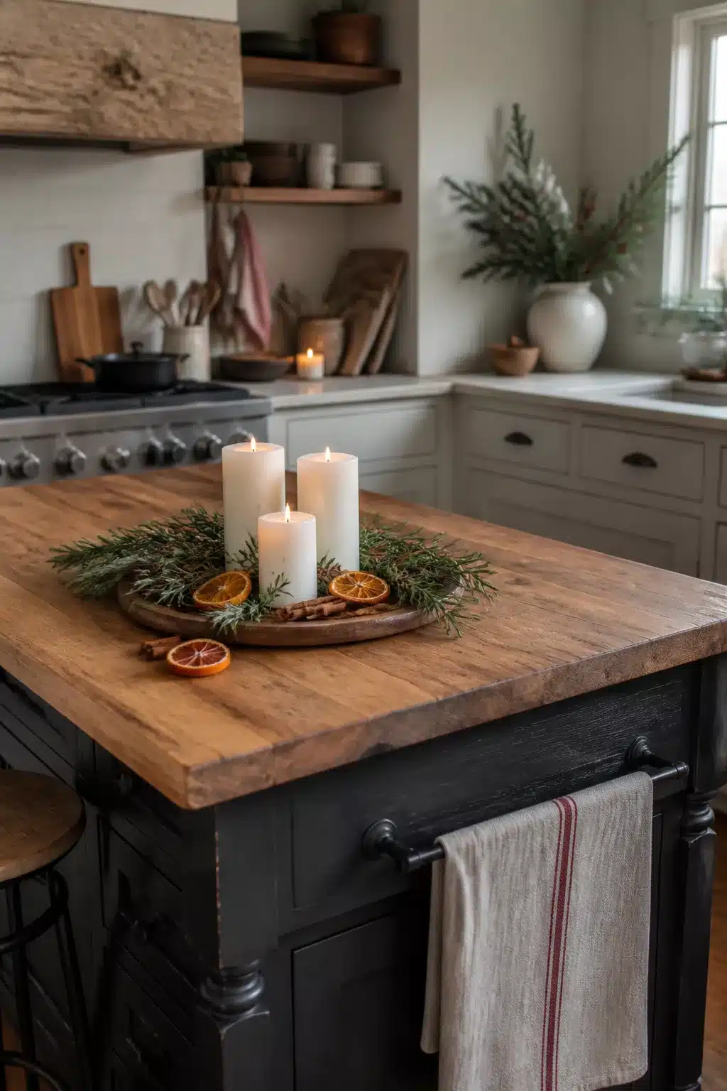 Christmas kitchen island decor with white pillar candles, dried oranges, and pine sprigs on a rustic wood tray