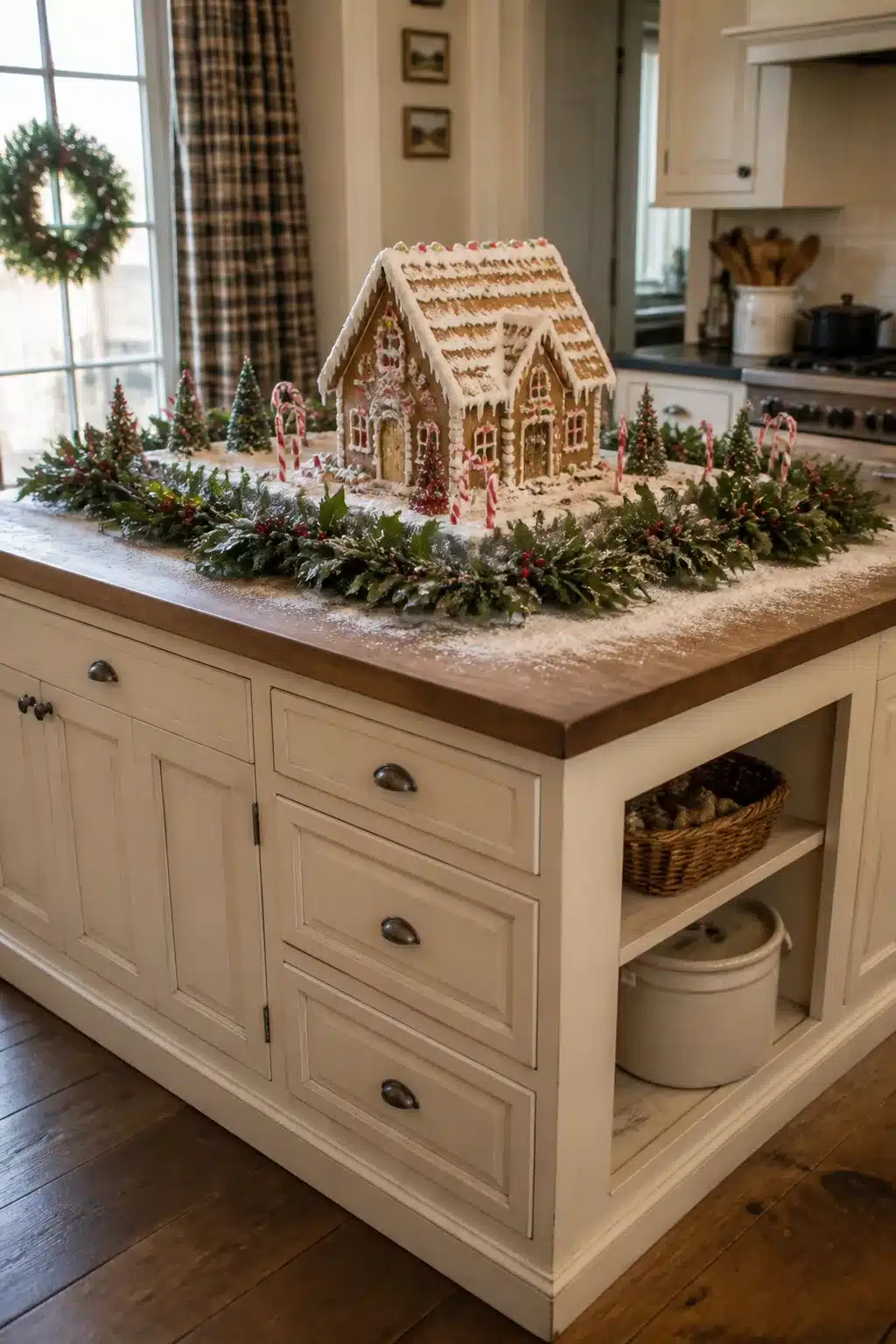 Gingerbread house centerpiece Christmas kitchen island decor with candy canes and fresh greenery on butcher block