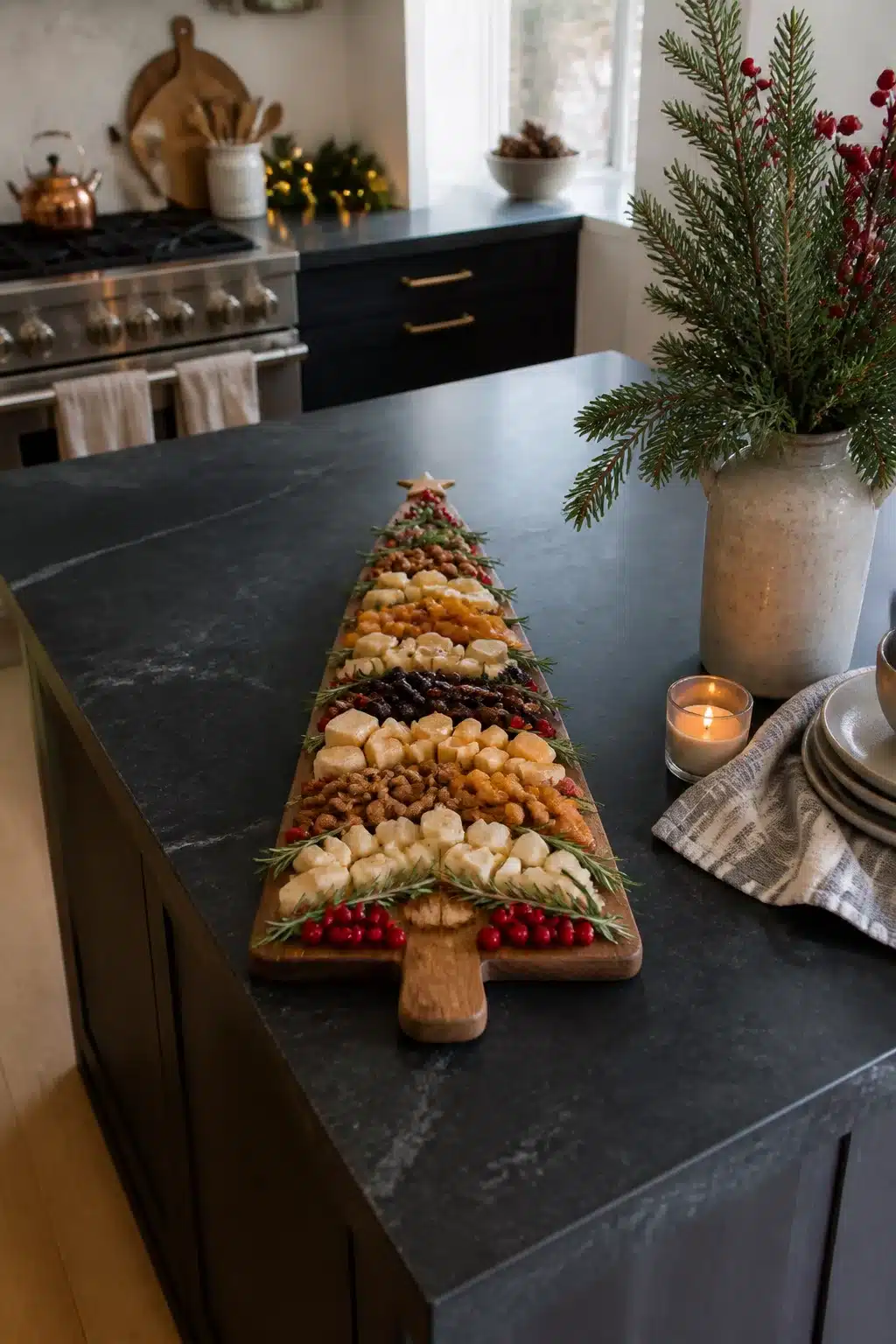 Christmas kitchen island decor with a tree-shaped charcuterie board topped with cheese, cranberries, and rosemary sprigs.