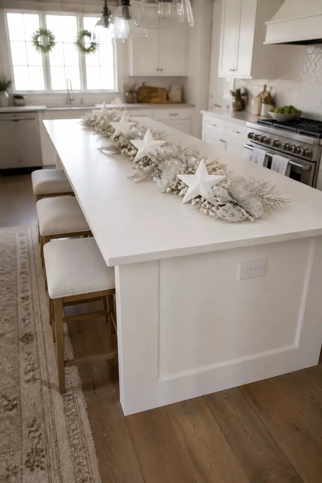 Nordic white frosted star garland Christmas kitchen island decor on a large white shaker-style island