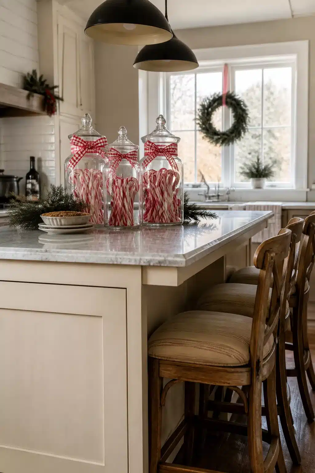 Christmas kitchen island decor with glass apothecary jars filled with candy canes and red gingham bows