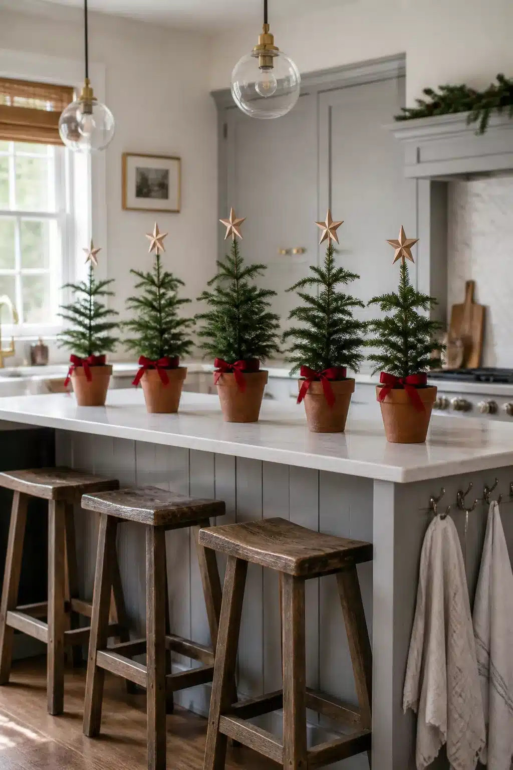 Christmas kitchen island decor with five miniature potted pine trees, copper star toppers, and red velvet bows on terra cotta pots.