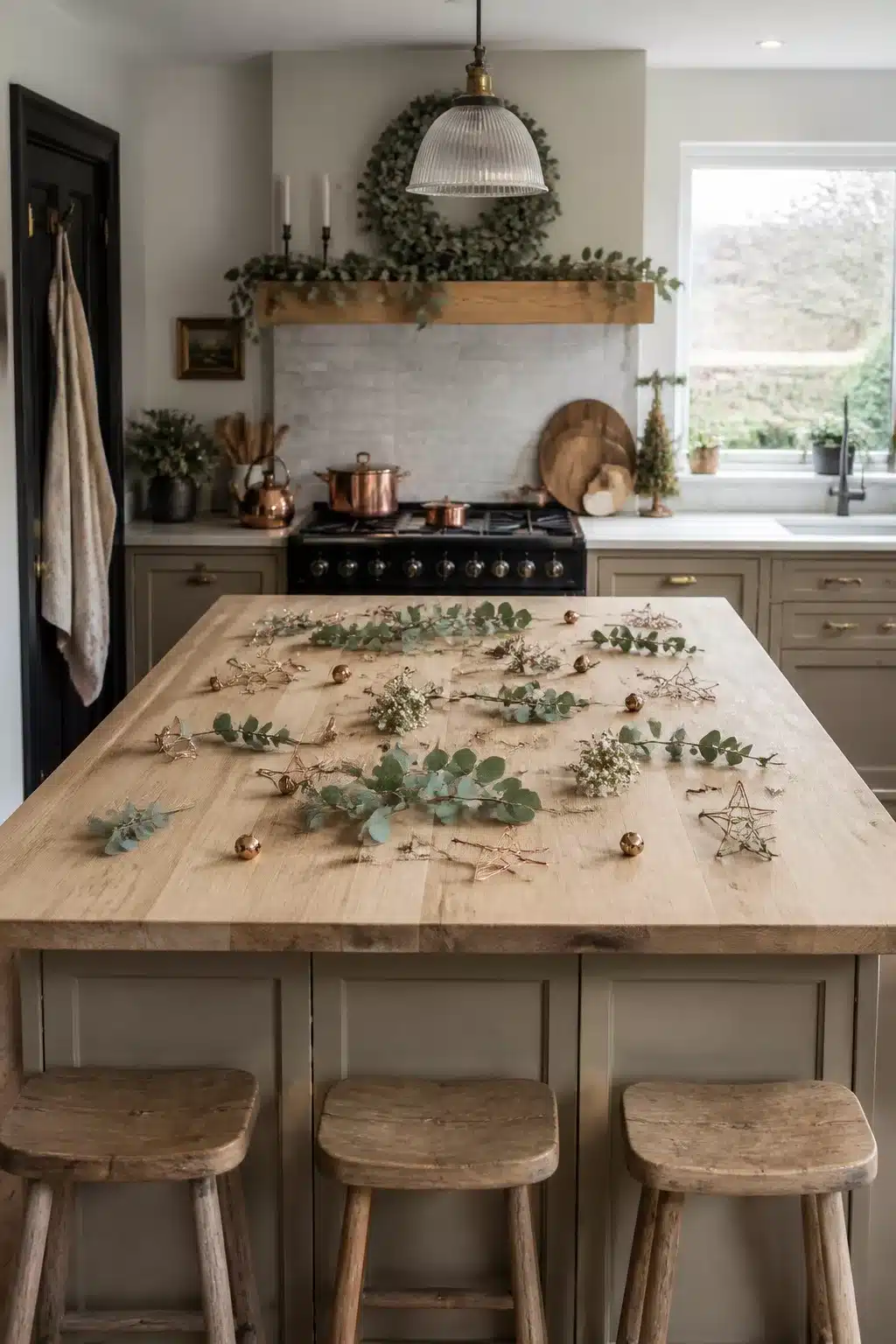 Copper ornaments and eucalyptus sprigs flatlay Christmas kitchen island decor on butcher block island