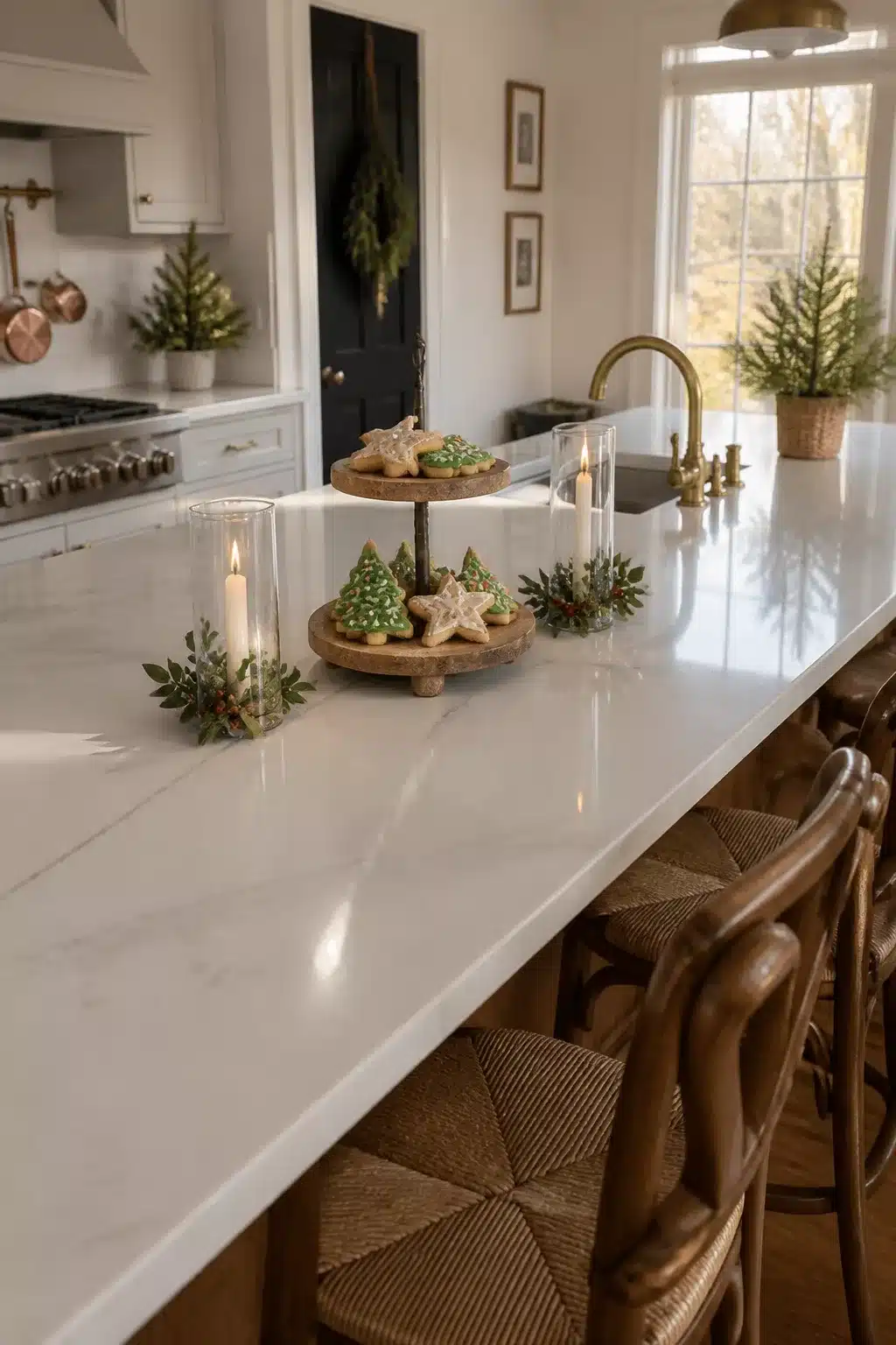 Christmas kitchen island decor with tiered wood cookie stand, iced holiday cookies & hurricane candles on white quartz