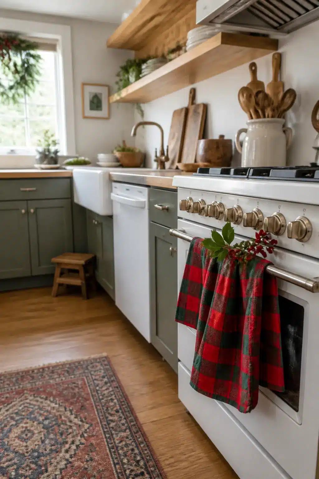 Red and green buffalo check Christmas kitchen towels hanging from a white range in a cozy farmhouse kitchen.