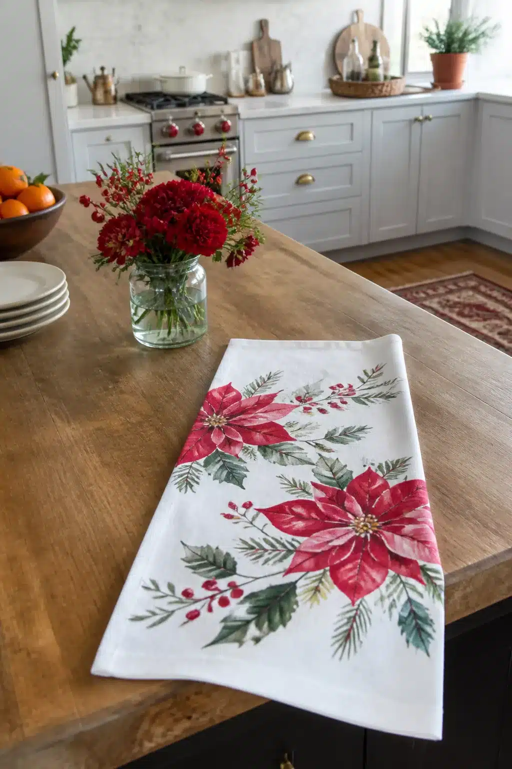 Watercolor poinsettia Christmas kitchen towel on a wood island — festive red and green holiday design
