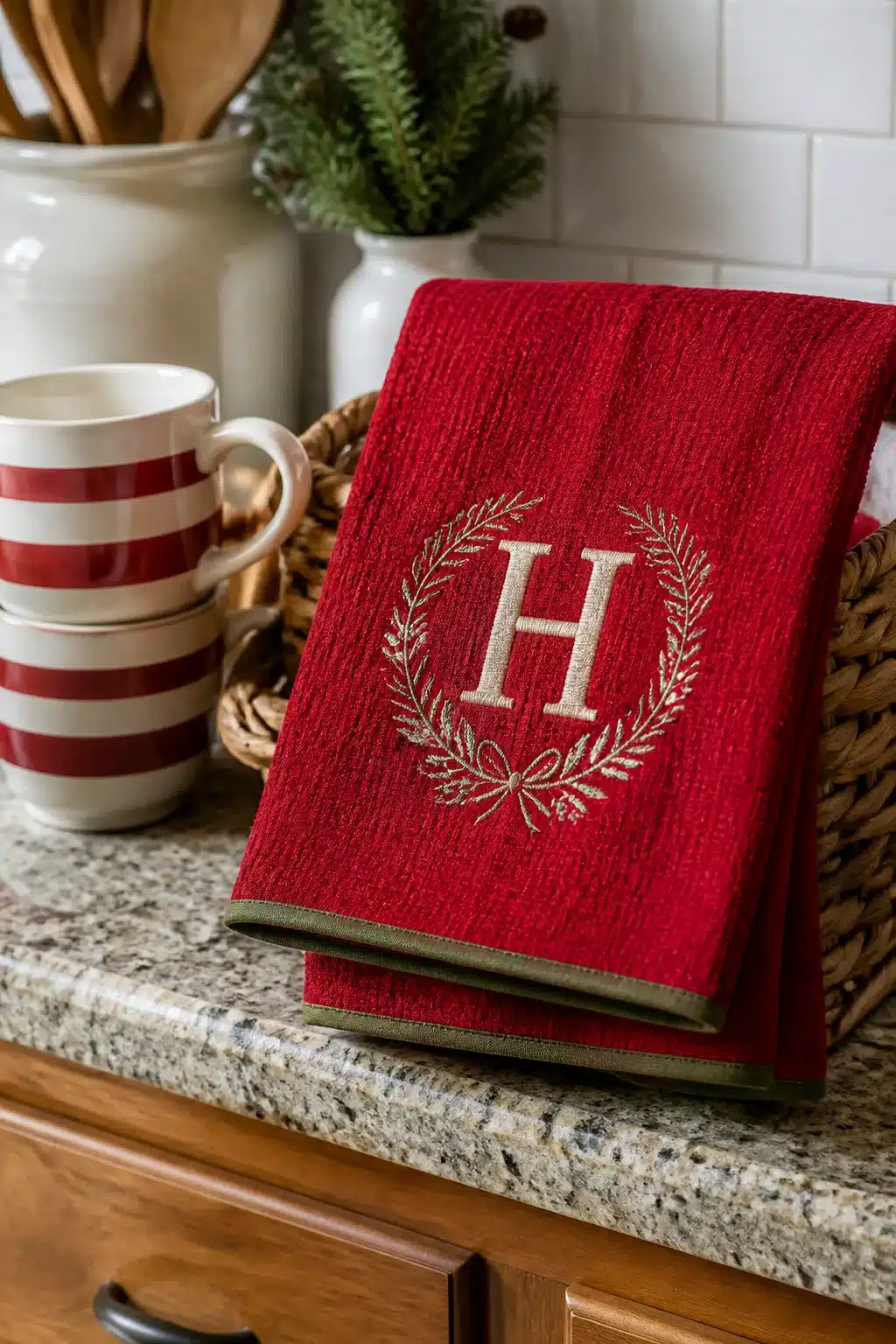 Red chenille Christmas kitchen towel with gold monogram H laurel wreath on a granite countertop
