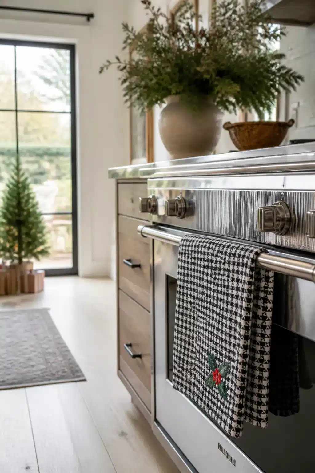 Black and white houndstooth Christmas kitchen towel with holly embroidery hanging on a stainless steel range