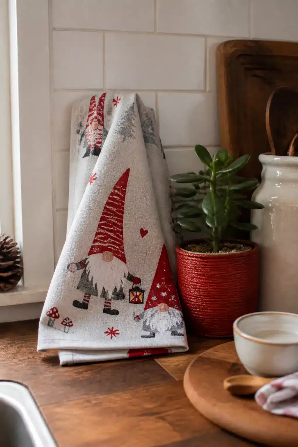Scandinavian gnome print Christmas kitchen towel on a wood countertop with white subway tile backdrop.